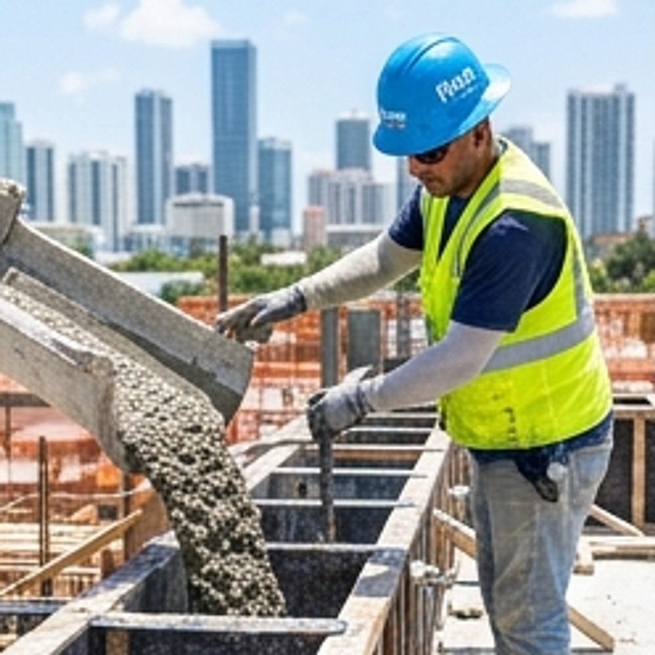 worker pouring concrete at construction site