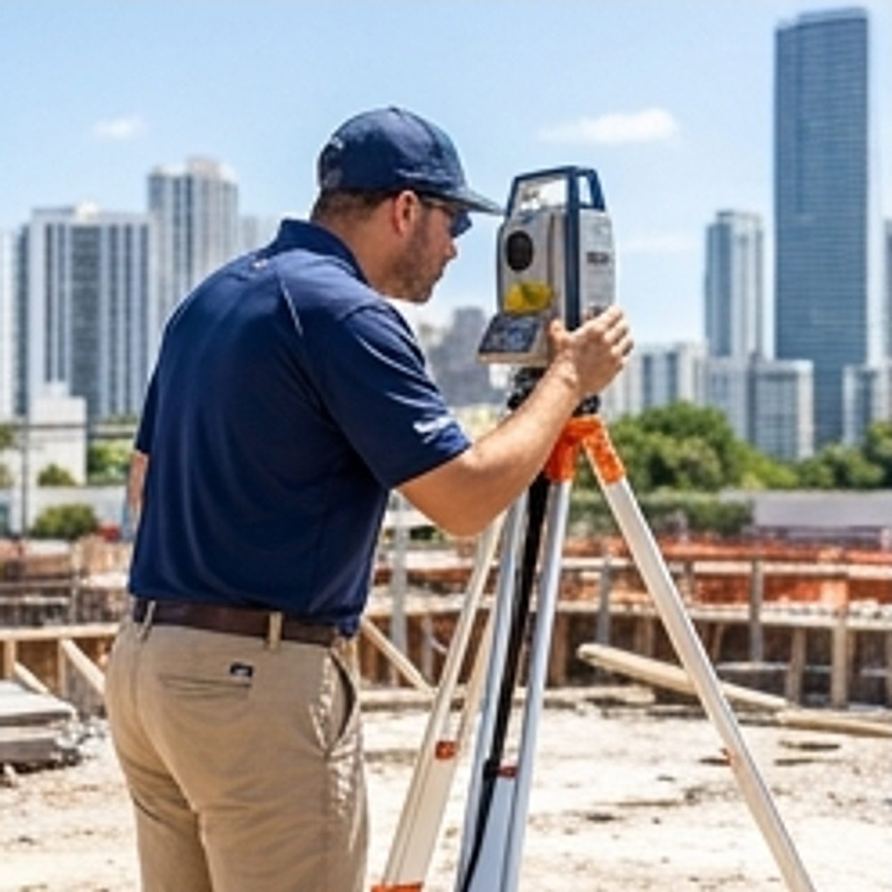 worker wearing uniform while surveying land