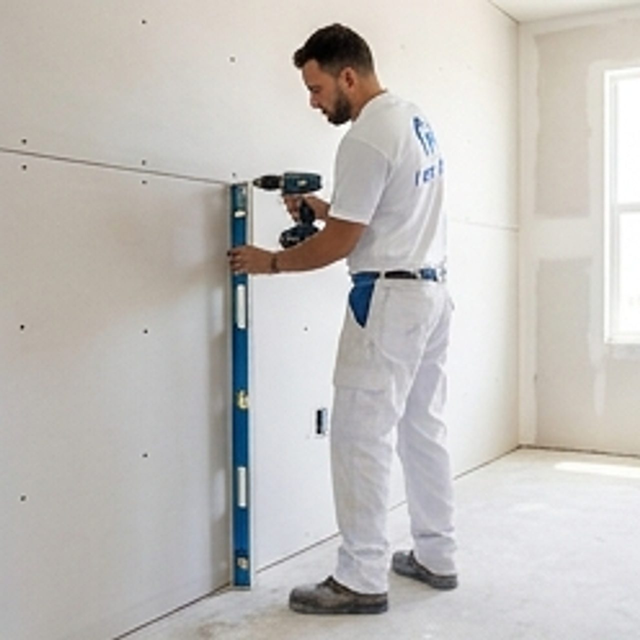 worker installing drywall in a new home