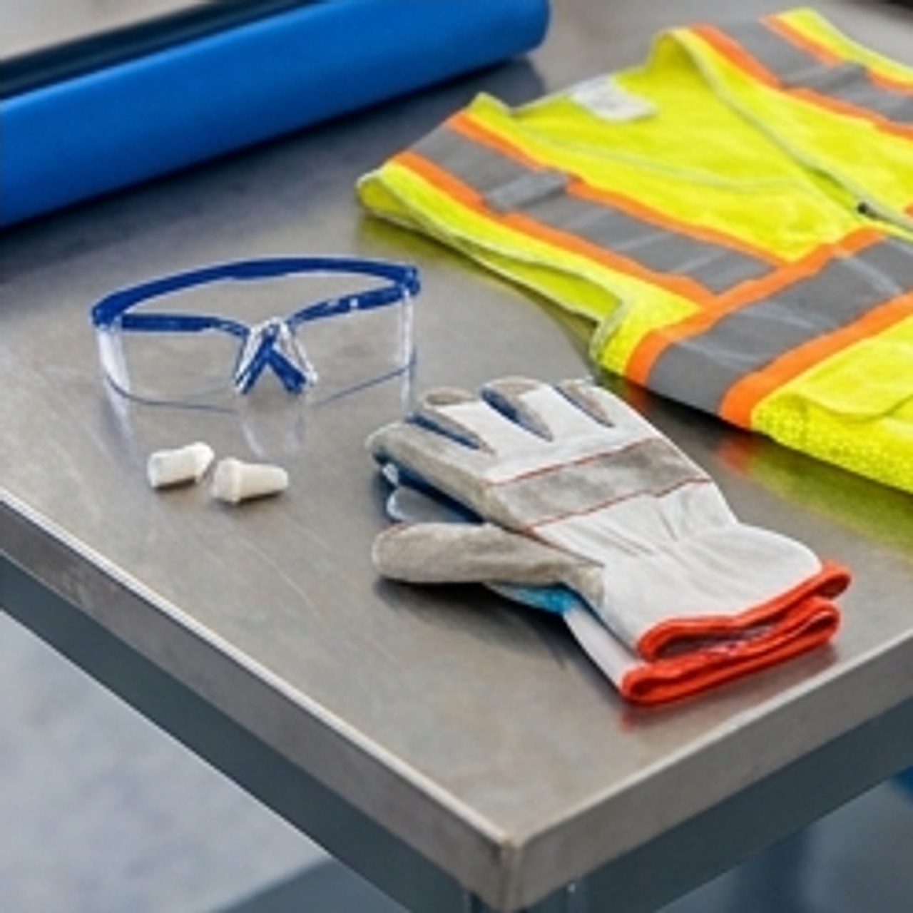 closeup of safety gear on a work table